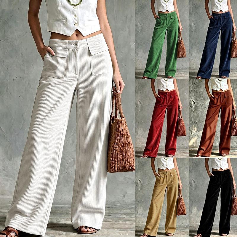 Autumn and winter retro corduroy wide-leg pants women's trousers high waist double pockets straight casual pants