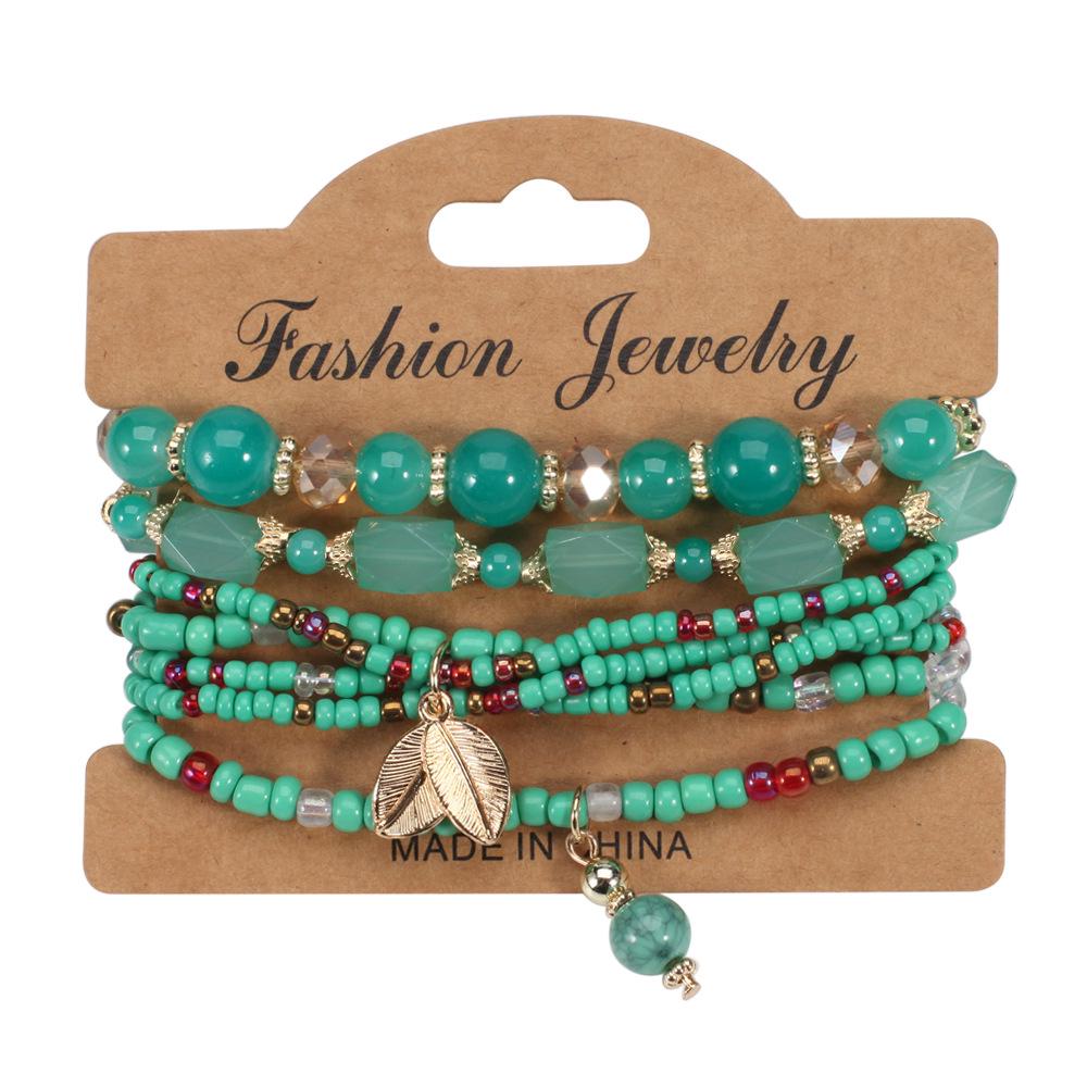 Bohemian Multi-Layer Beaded Leaf Charm Stretch Bracelet for Women