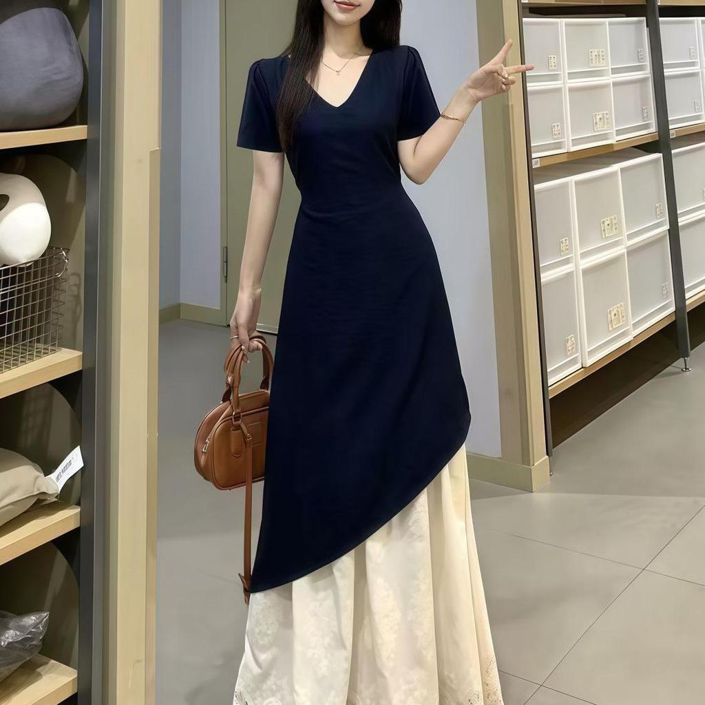 Elegant Plus Size Patchwork French Short-Sleeve Dress - Spring/Summer 2026