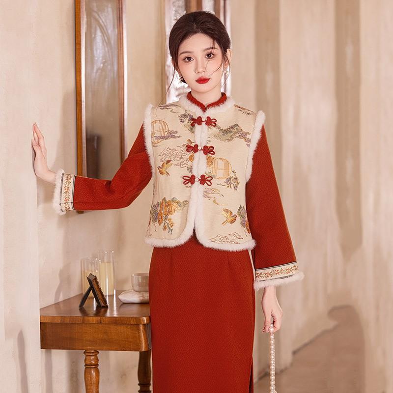 Womens Winter Warm Thick Wool Blend Long Sleeve Qipao Set With Vest Retro Chinese Style Daily Wear