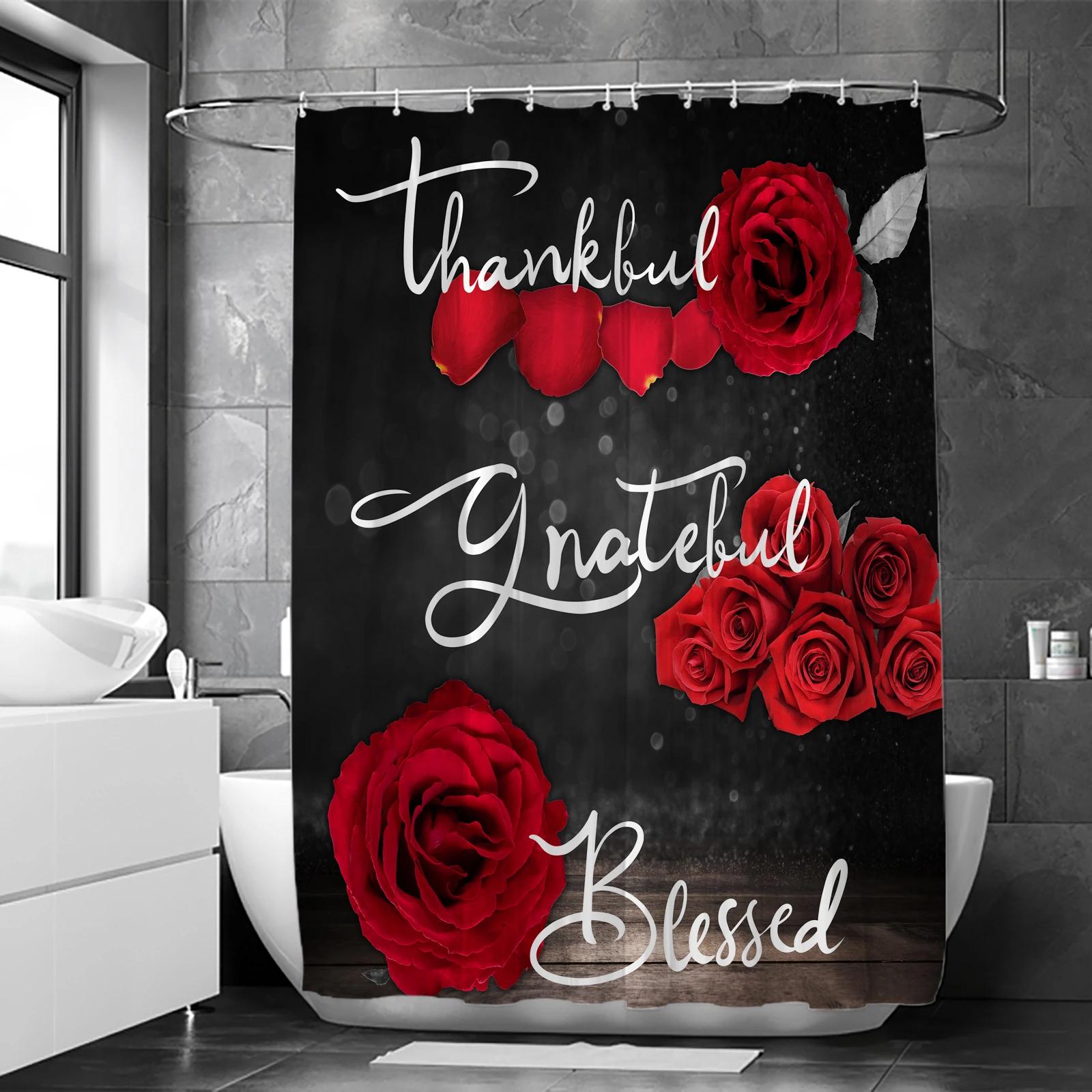 

1Pc Shower Curtain, Red Rose Thankful Blessed Shower Curtain In The Bathroom And 6-12 Plastic Hooks, 71X71In W60H190(CM)-1 Pcs