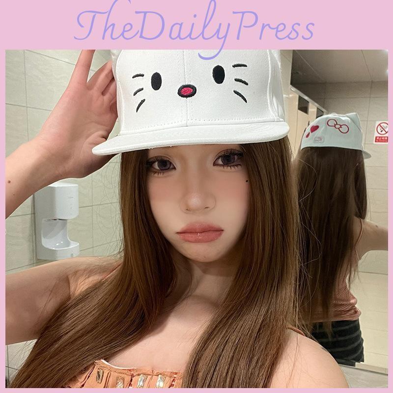 Baseball Delightful White Cap Women With Cute Cat Illustration Accessory Trendy