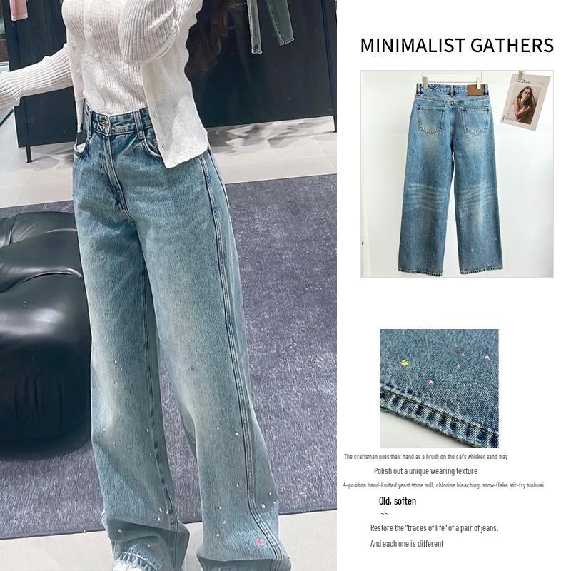 

Vintage Gradient Rhinestone Mid-Waist Wide-Leg Jeans, 100% Cotton, New Style 2026 Small синий