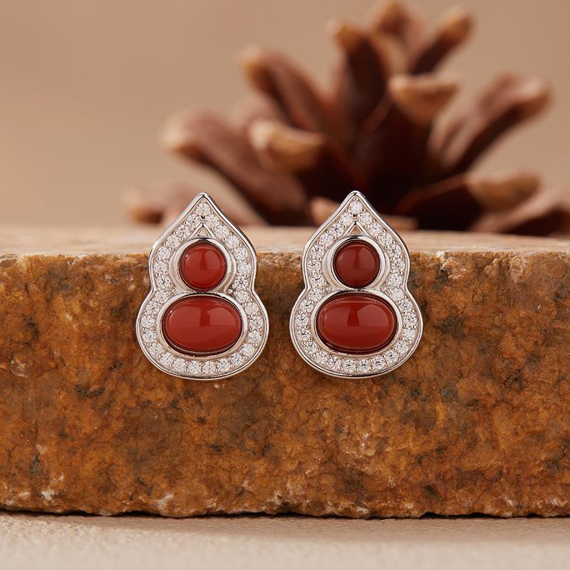 Natural Garnet Turquoise Hetian Jade Lapis Lazuli Nanhong Gourd Pendant Necklace Women'S Set S925 Sterling Silver Colored Treasure