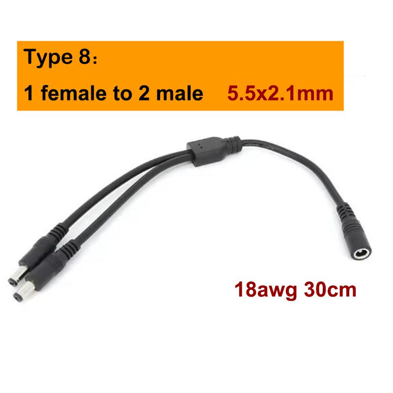 13 Types 12v DC Male Female Power Supply Splitter Adapter To 2 Way Dual Male Female Cable Plug 5.5*2.1mm 2.5mm 22awg 18awg Wire