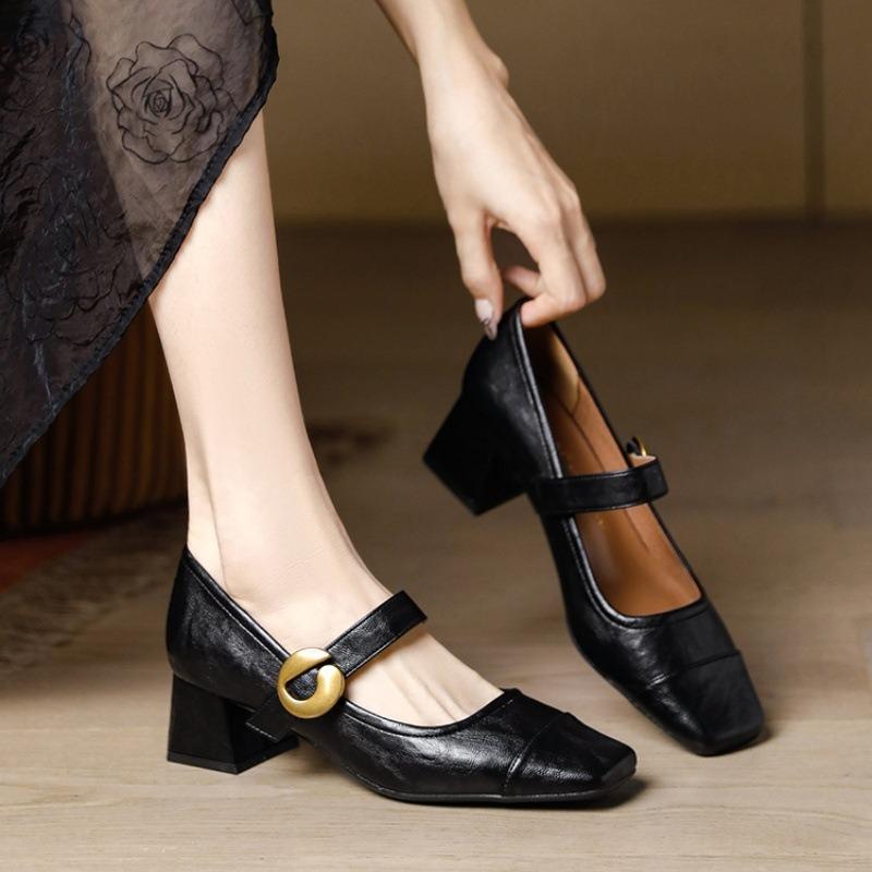 Mary Jane shoes shallow single shoes women's autumn and winter new design thick heel retro small leather shoes
