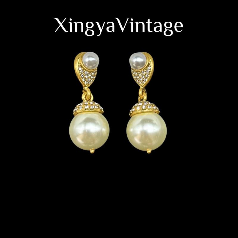 

Vintage Heavy Industry Electroplating Genuine Gold Full Inlaid With Palace Style Elegant Versatile Pearl Earrings белый
