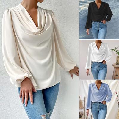 Camisa feminina de chiffon, drapeado, gola alta, mangas lanterna, pulôver, cor sólida, ajuste solto, top de deslocamento, uso diário