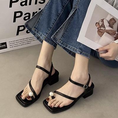 2024 New Sandals and Slippers Women's Angled Square Toe Low-heeled Sandals Comfortable Open-toed Pearl Shoes Women