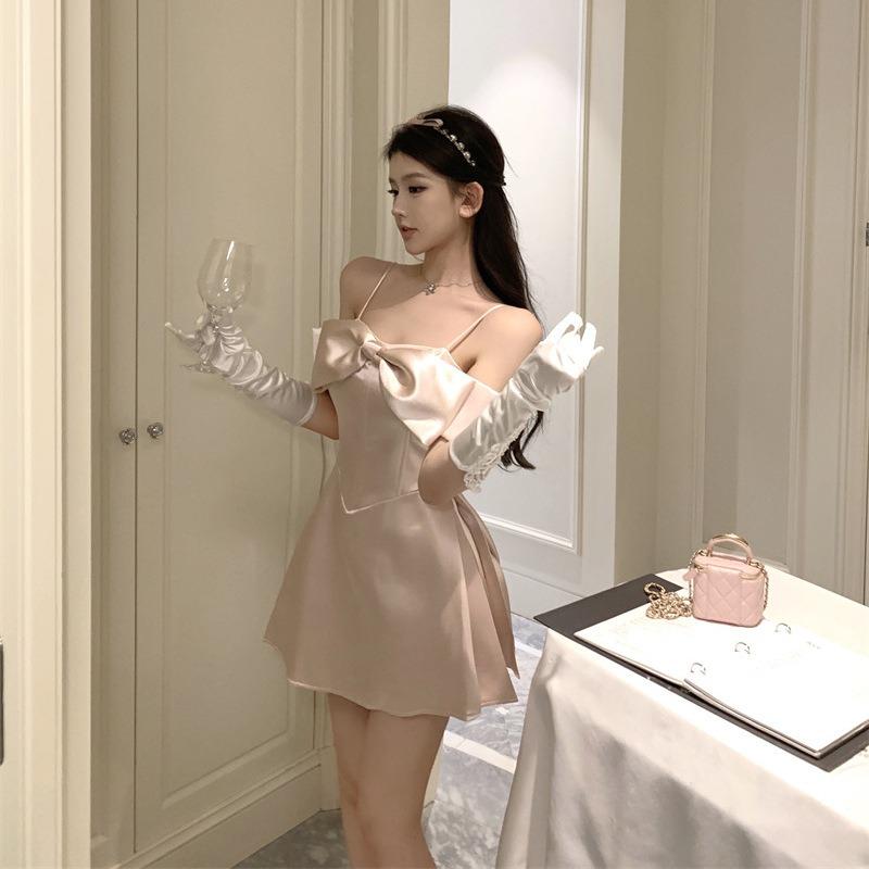 French Suspender Dress Female Summer High Sense Socialite One-word Shoulder Bow Birthday Dress Princess Tutu Dress