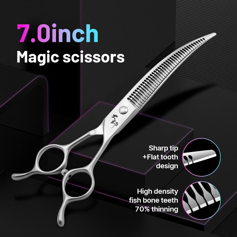 Fenice 7 Inch JP440C Steel Pet Grooming Curved Chunker Scissors Trimming Dog Hairdressing Beauty Magic Shears 70% ThinningRate