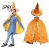 Breathable Witch Cape Adjustable Halloween Pentagram Printing with Wizard Costume Young Adults Hat Hand Bag Comfortable Kids