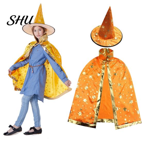 Breathable Witch Cape Adjustable Halloween Pentagram Printing with Wizard Costume Young Adults Hat Hand Bag Comfortable Kids