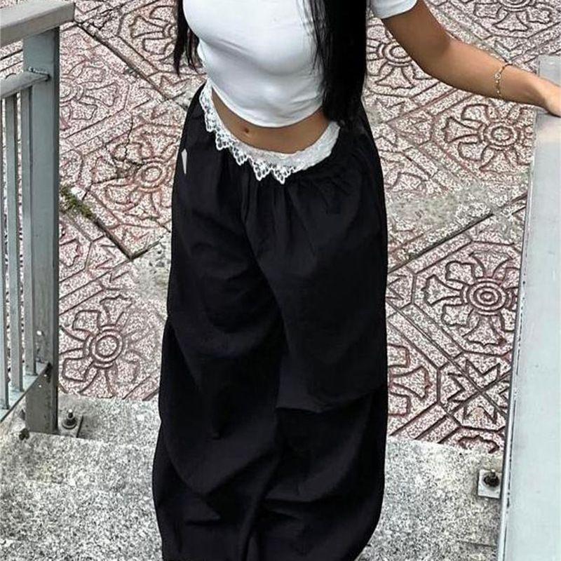 Wide Leg Pants New Arrival Lace Lace Contrast Color Waist Head Cargo Pants Thin Wide Leg Mop Sun Protective Pants