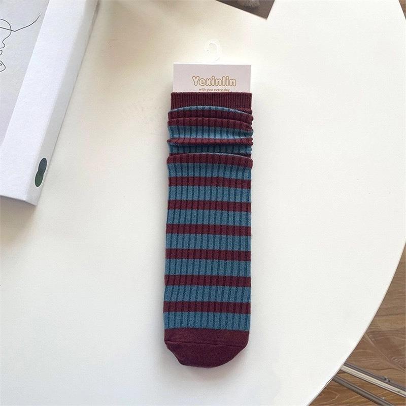 

Ladies Autumn and Winter Thickened Warm Match Color Collision Color Horizontal Stripe Tube Stack Socks 1 pair темно-синий