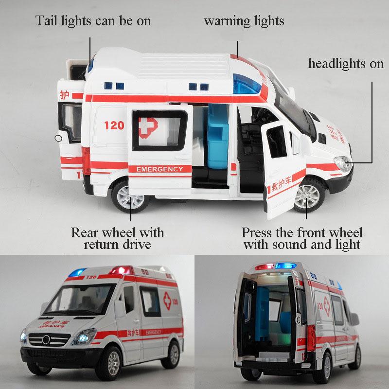 New 1:32 Simulation Ambulance Model Alloy Pull Back Sound and Light Die-casting Car Toy Special Vehicle Children's Toy Gift