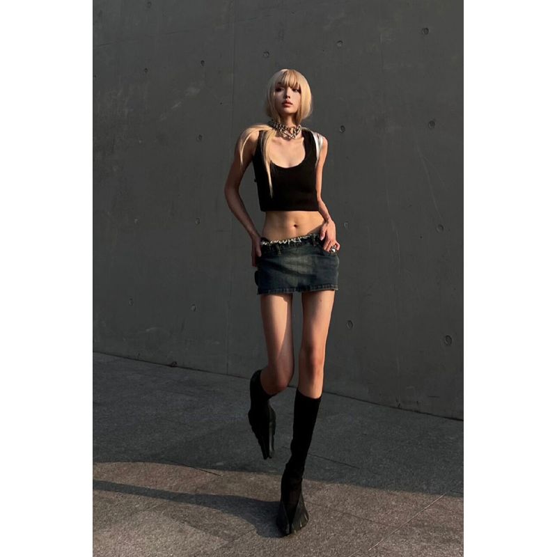 

Women s Summer Elastic Low Waist Frayed Edge Sexy Denim Skirt Retro Blue XL