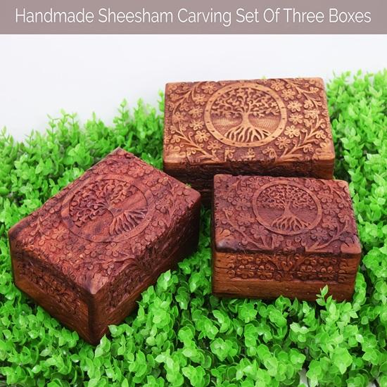 Set aus 3 hölzernen Schmuckkästchen für Frauen Holz Schmuckorganizer Handgeschnitzt mit Baum-Schnitzereien Geschenkartikel für Schmuckorganizer Geschenk