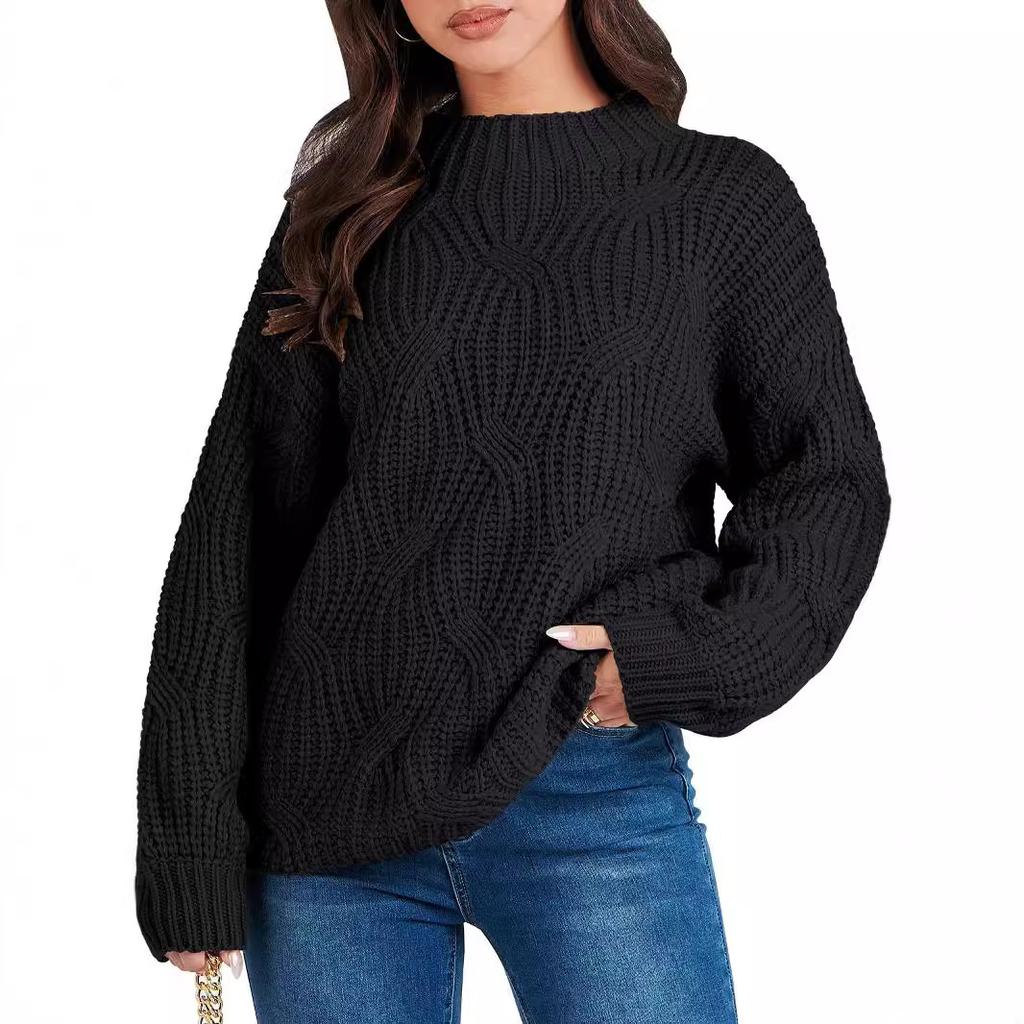 Autumn and Winter Women's Plus Size Drop Shoulder Loose Casual Stranded Knit Pullover Sweater