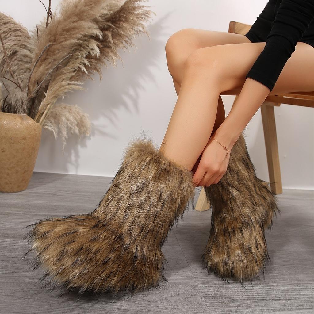 New Color Plush Medium Tube Snow Boots Women's Large Size Fluffy Women's Boots Sizes 36-44