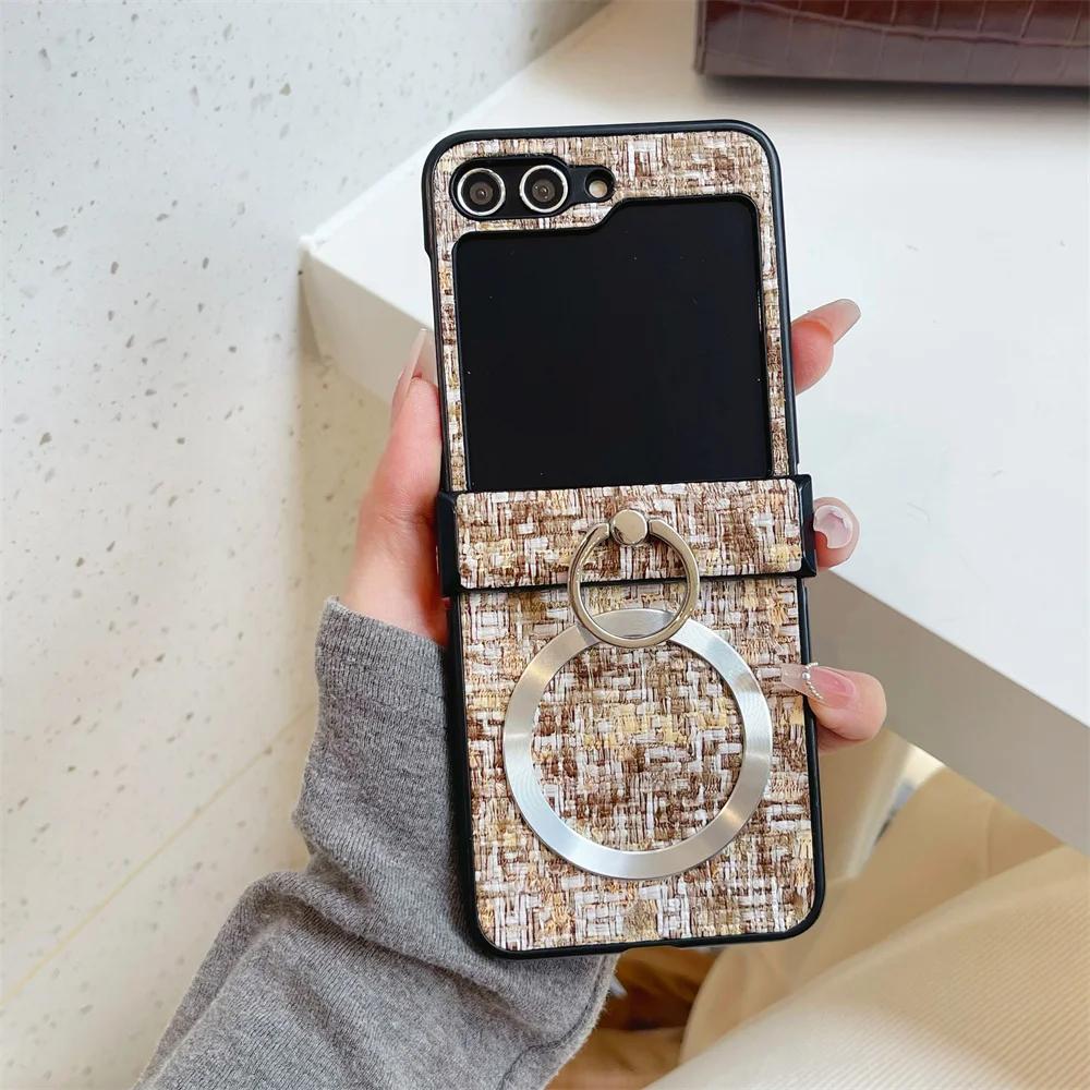 

Плетеный кожаный держатель-кольцо Магнитный чехол для телефона для Samsung Galaxy Z Flip 6 5 4 3 Flip6 Flip5 Flip4 Flip3 Защитная крышка на шарнир For Samsung Galaxy Z Flip 5