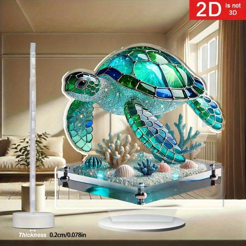 2D Flat Acrylic Sea Turtle Desktop Decor - Mosaic Glass Style with Shells, Coral and Marine Life Themes, Suitable for Coastal Home