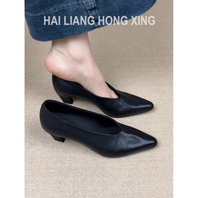 Pointed Single Shoes Women's Shallow Mouth Versatile Temperament Commuter Shoes Retro Black Thick Heel High Heels