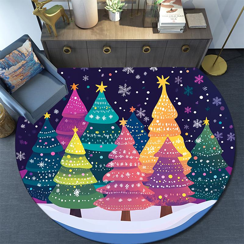 Colorful Trees Snow Winter Round Area Rug,Carpet Rug for Living Room Bedroom Sofa Playroom Decor,Non-slip Floor Mat
