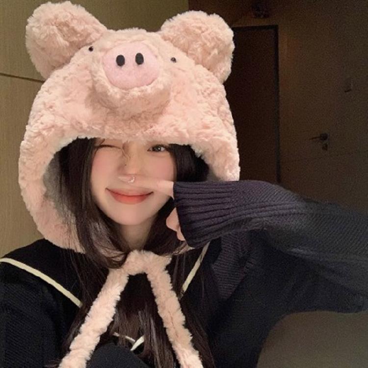 Winter Warm Plush Pig Ear Earflap Hat for Women Girl Furry Beanies Hat Outdoor Activity Cold Weather Skull Hat Headwear