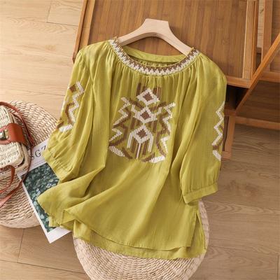 Women Summer Round Neck Three Quarter Sleeve Geometric Embroidery Casual Blouse