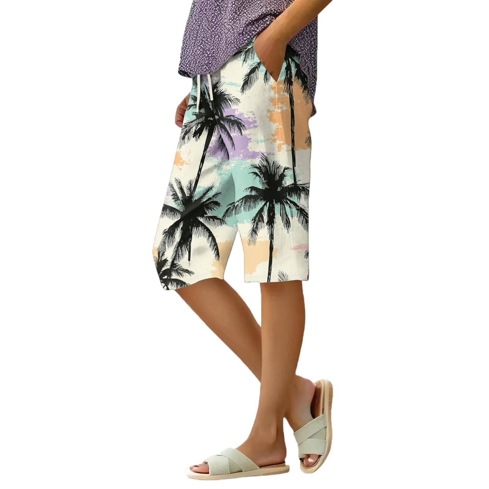 Women s Summer Elasticated Tie Waist Floral Cotton & Linen Loose Shorts XXL