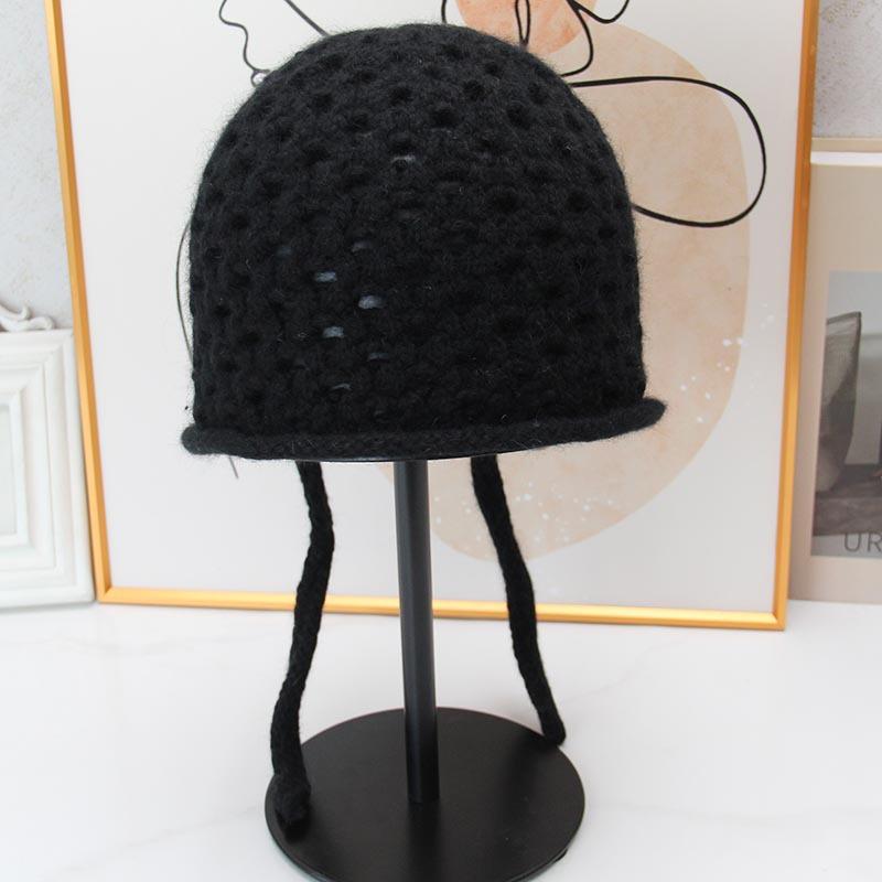 Hollow ear protector knitted hat women's autumn and winter lace-up headgear retro woven wool hat outdoor outing hat