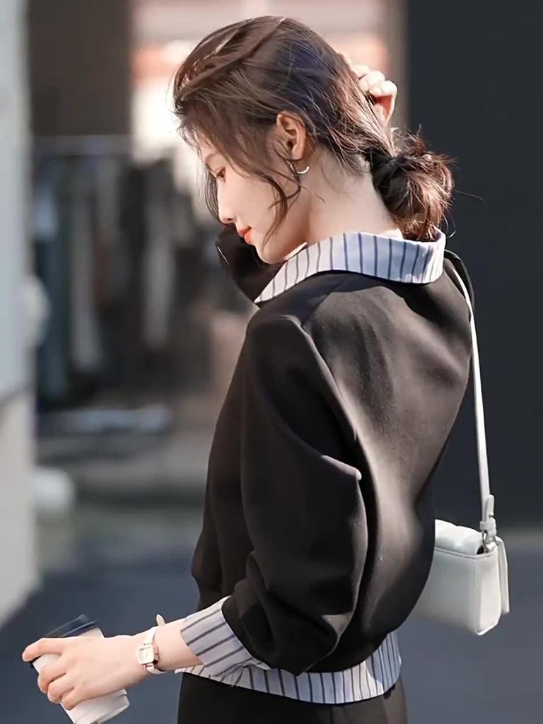 Internet Celebrity Patchwork Shirt Collar Sweatshirt & Midi Skirt Set for Women - Autumn Casual Two-Piece Ensemble