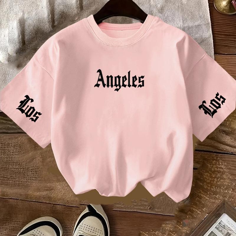 Summer Children's Round Neck Pure Cotton Short-sleeved LOS ANGEL Summer Children's Casual T-shirt Shirt Girls' Fashion Top
