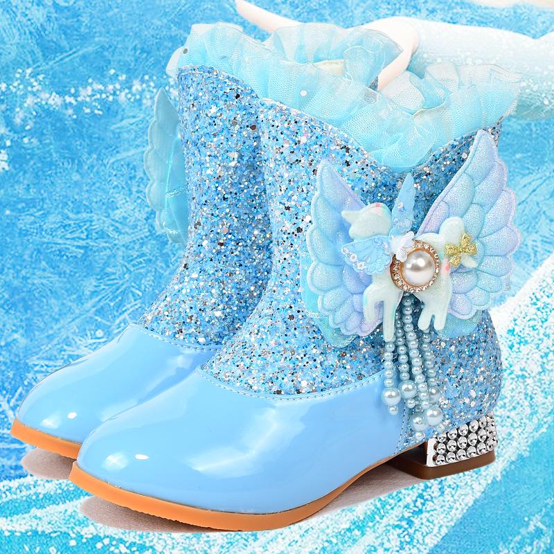 

Girls Velvet-Lined Rhinestone Ankle Boots - Autumn/Winter Princess Style with Butterfly Accents Size 27 (Inner Length 17.5cm)