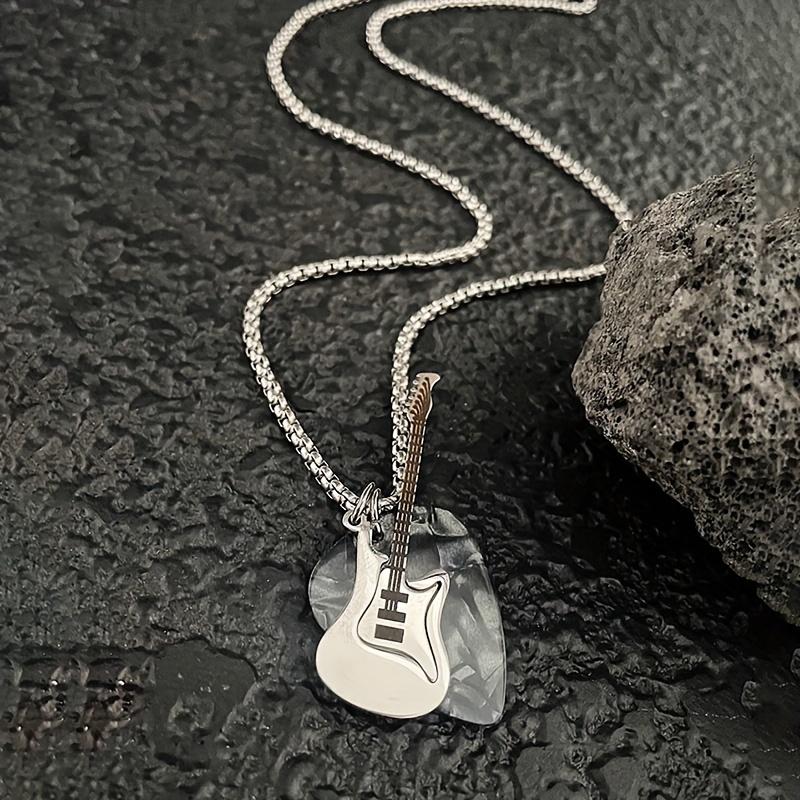 

[Hip Hop Guitar Pick Necklace] 1pc Stainless Steel & Titanium Hip Hop Guitar Pick Pendant Necklace - Red & Black Design, Unisex Jewelry for Men and Wo серый