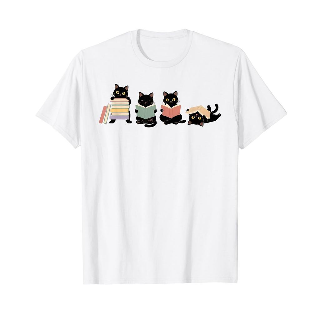 Feline Literary Designs Black Cat Reading Book Lover Graphic T-Shirt