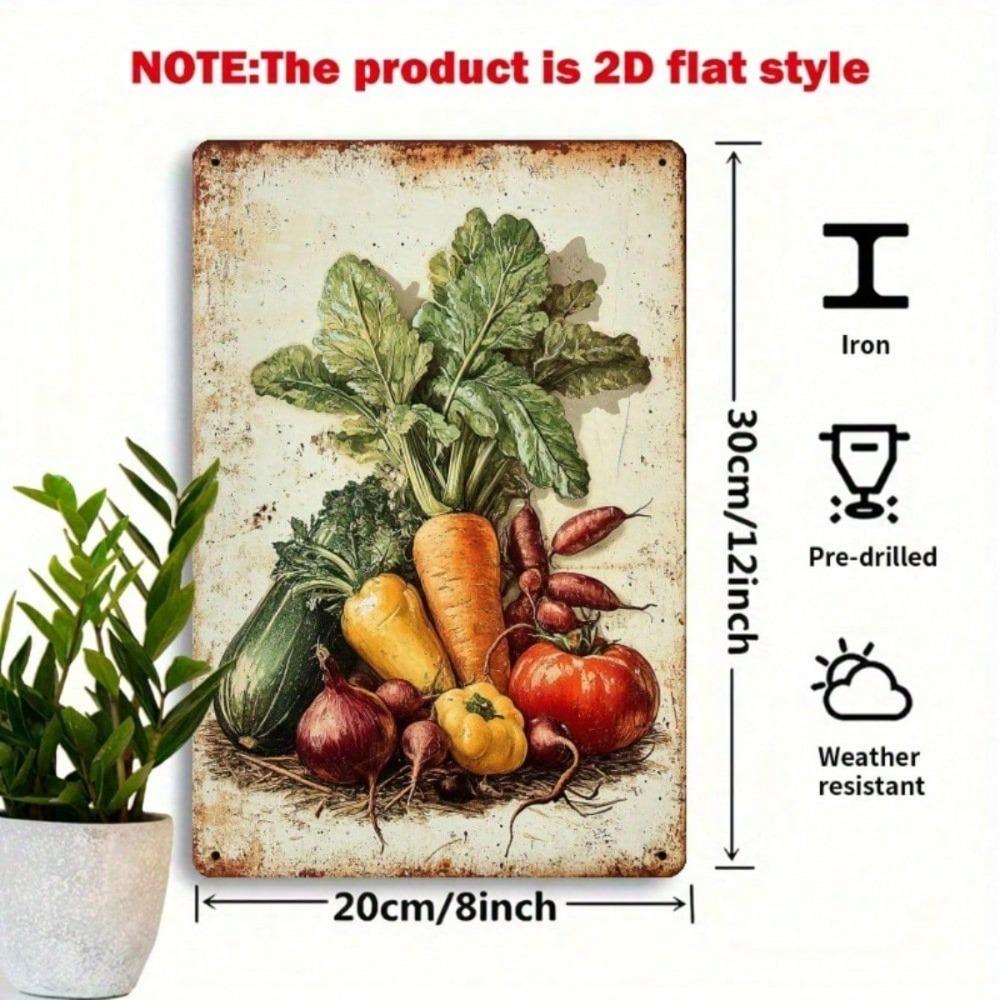 Vintage Metal Veggie Sign 8x12 – Rustic Farmhouse Wall Decor with Carrots, Tomatoes, Squash, Radishes