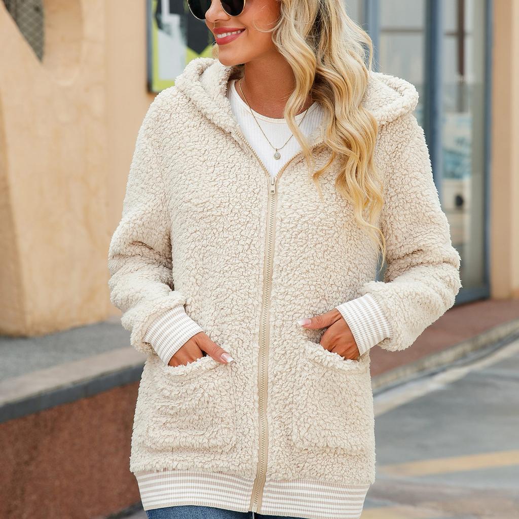Women's Long Sleeve Hooded Zipper Solid Color Loose Foam Warm Coat Winter