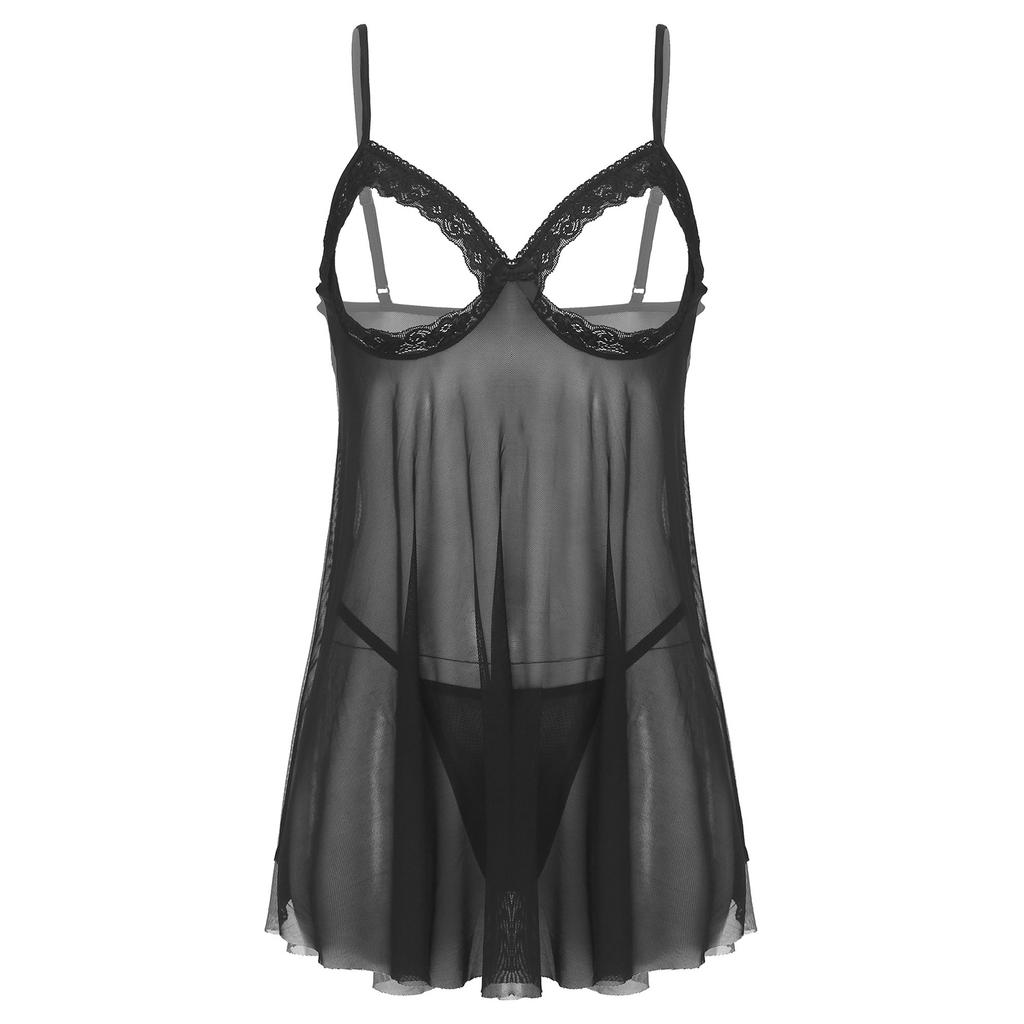 Dámská průsvitná síťovaná souprava spodního prádla - Plus size krajková babydoll s nastavitelnými ramínky a G-string noční prádlo
