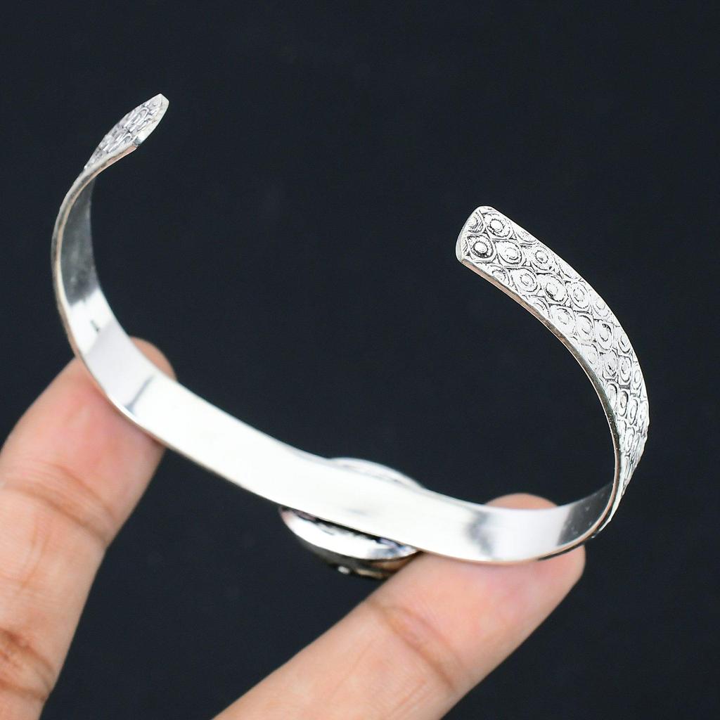 Sterling Silver Oval Turritella Agate Gemstone Elegant Engagement Wedding Bangle