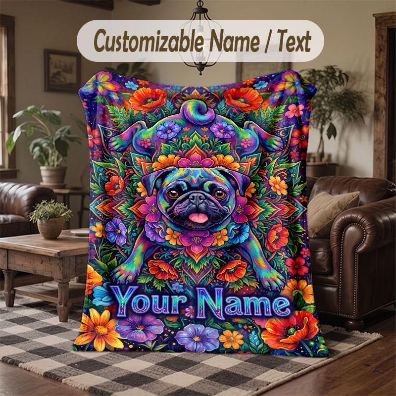 Pug Theme Throw Blanket Custom Name Text Personalized Blanket Soft Cozy Blanket for Home Sofa Bed