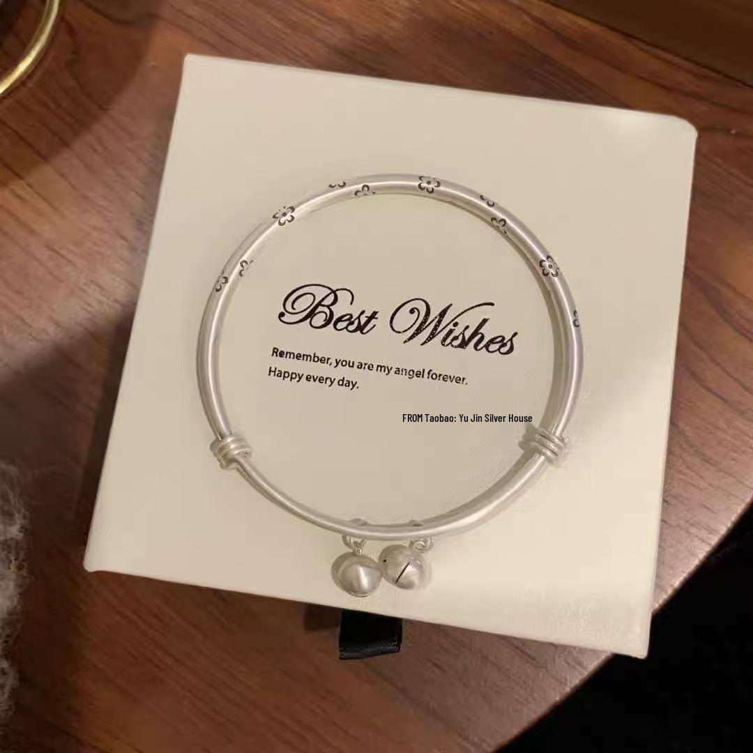 9999 Sterling Silver Frosted Plum Blossom Bell Bracelet, Open Design, Versatile Korean Style for Women 16g Frosted Plum Blossom Bell Bracelet