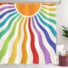 Boho Sonne Regenbogen Duschvorhang, Bunt Hell Retro 70er Niedlich Sonnenaufgang Sonnenuntergang Sonnenschein Duschvorhang Set, Vintage Modern Groovy