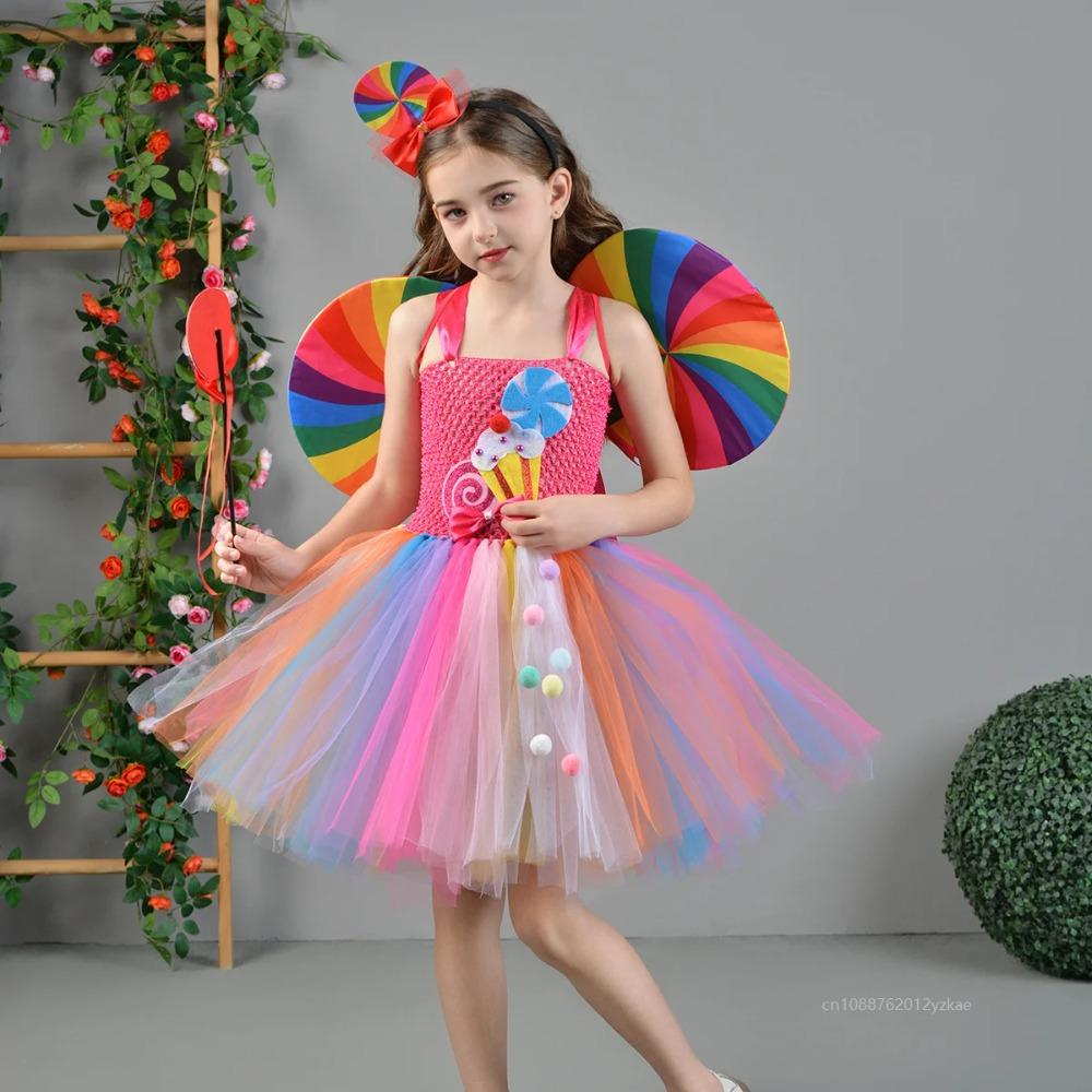 Rainbow Tutu Dress Cute Chicas Sweet Lollipop Cosplay Dress Up Purim Festival Celebration Costume Candy Design Enfant Clothes