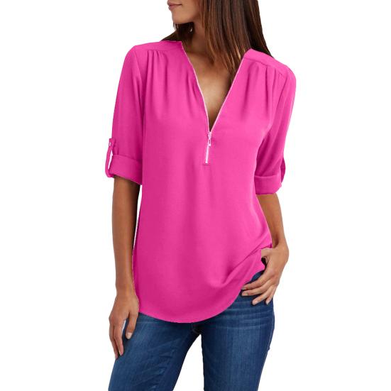 Plus Size Women Solid Color Loose Zipper V Neck Long Sleeve Chiffon Blouse Shirt