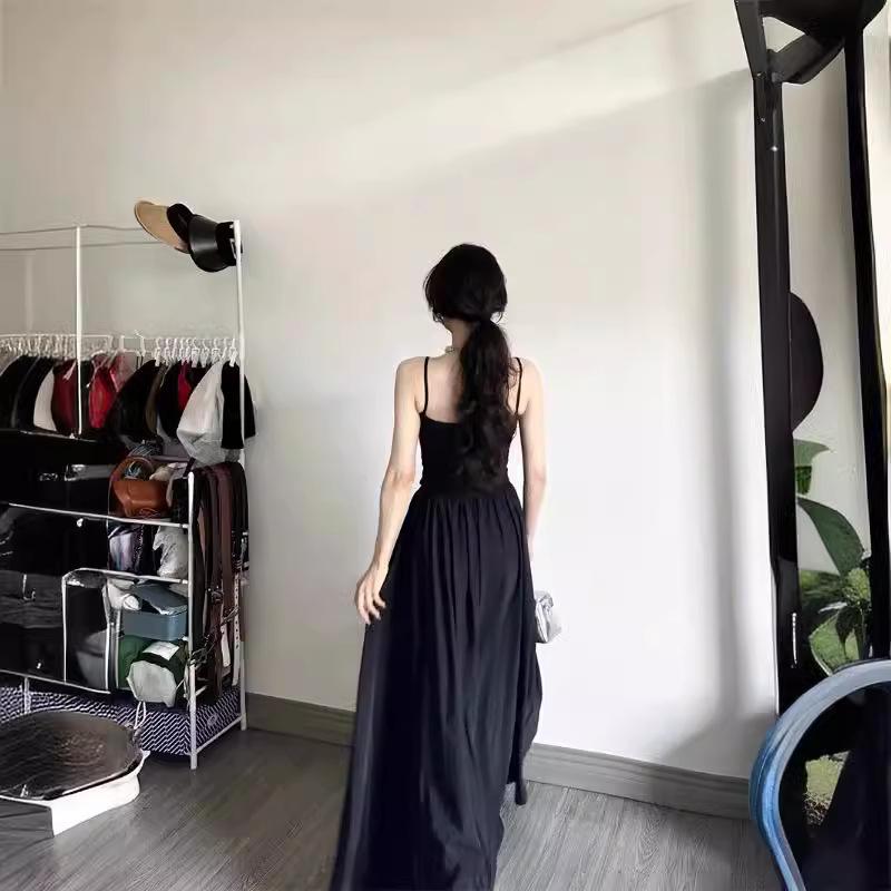 American dress suspender dress children's summer new pleated waist slim fit small black dress long dress