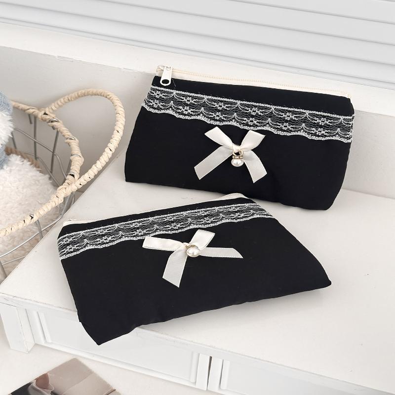 Black Lace Bow Makeup Bag Large Capacity Toiletry Bag Travel Cosmetic Organizer Cute Korean Portable Pouch For Women
