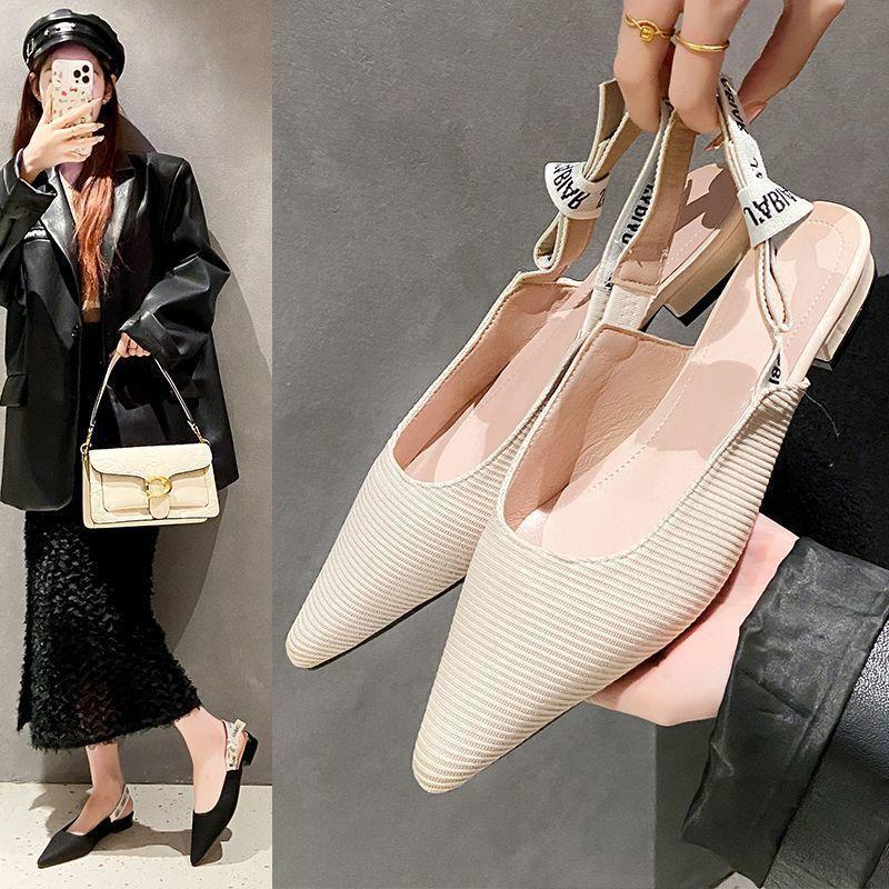 European and American retro pointed head light mouth back empty flats letter bow knitted sandals women's 2025 summer and autumn new models