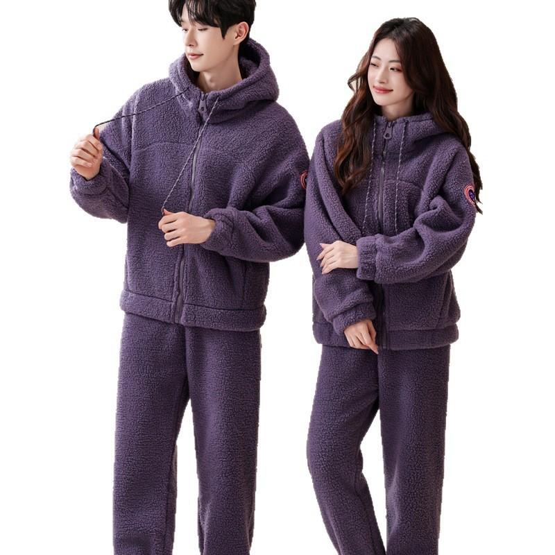 Coral Fleece Pajama Set Thick Double Layer Soft Loungewear Men Women Winter Homewear